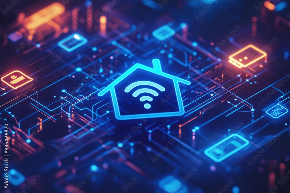 A home icon with a WiFi icon inside, connected to various smart devices around the house, all linked by a central hub. A home icon with a WiFi icon inside, connected to various smart devices around the house, all linked by a central hub.