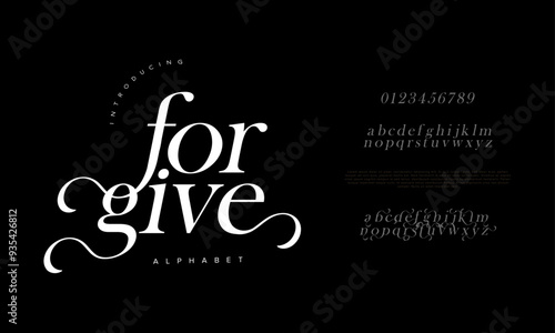 Forgive swash luxury elegant alphabet letters and numbers. Vintage wedding typography classic serif font decorative vintage retro. creative vector illustration