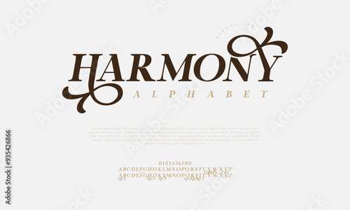 Harmony swash luxury elegant alphabet letters and numbers. Vintage wedding typography classic serif font decorative vintage retro. creative vector illustration