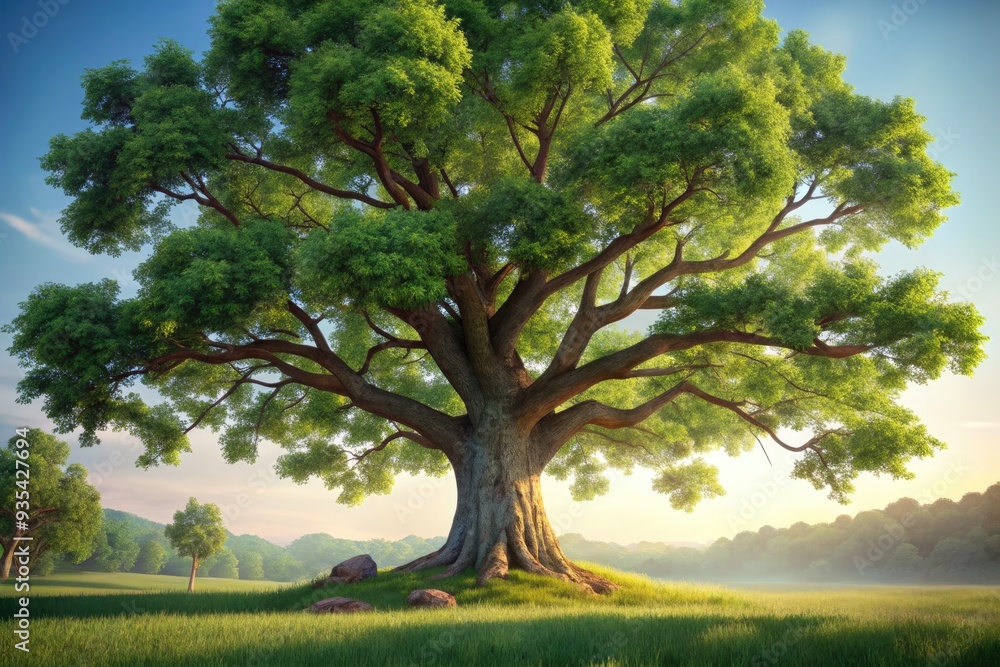 Fototapeta premium Majestic oak tree stands proudly in a sunlit meadow.