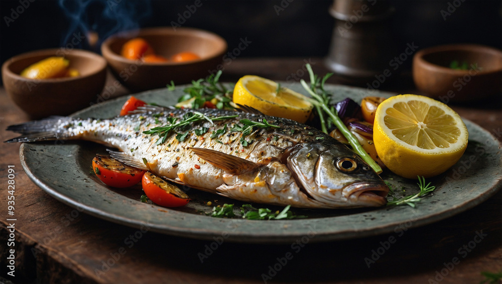 Whole grilled fish with lemon slices and herbs, served on a rustic plate with a side of grilled vegetables. Whole grilled fish with lemon slices and herbs, served on a rustic plate with a side of grilled vegetables.