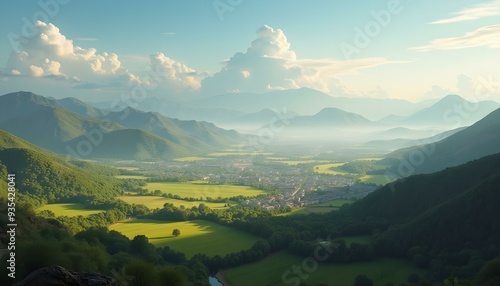 A green landscape with a lake and rivers surrounded by mountains on a sunny day, showcasing natural beauty and tranquility.