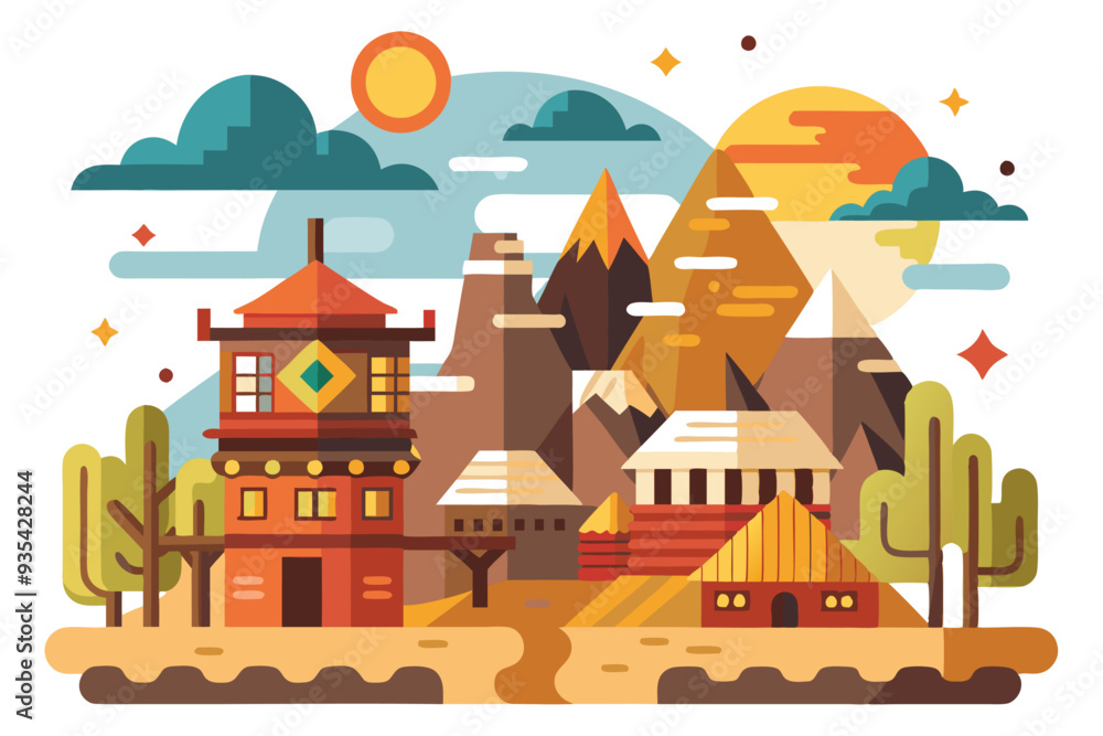 Stylized Illustration of a Village with Buildings, Mountains, and Sunset Stylized Illustration of a Village with Buildings, Mountains, and Sunset