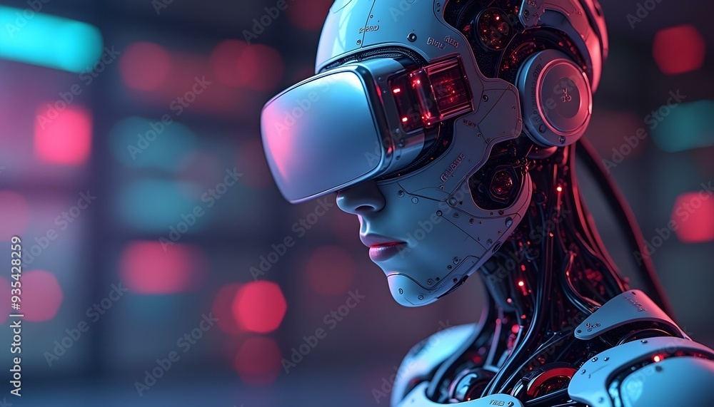 A humanoid robot working with VR glasses, interacting with technological equipment and data, showcasing advanced robotics and immersive technology. A humanoid robot working with VR glasses, interacting with technological equipment and data, showcasing advanced robotics and immersive technology.