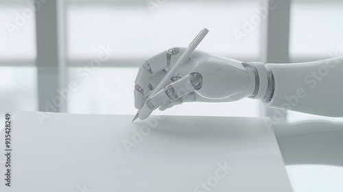 Intricate Robot Hand Writing on White Paper: Modern Glass Desk in Bright Daylight