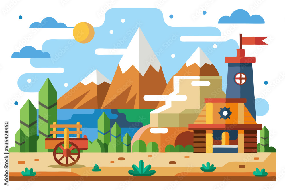 A Colorful Illustration of a Mountain Landscape with a Building and a Cart A Colorful Illustration of a Mountain Landscape with a Building and a Cart