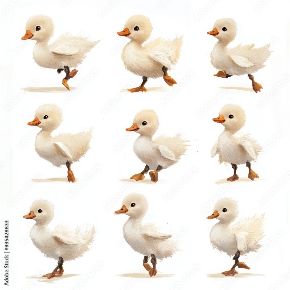 A collection of cute, animated ducklings in various playful poses. A collection of cute, animated ducklings in various playful poses.