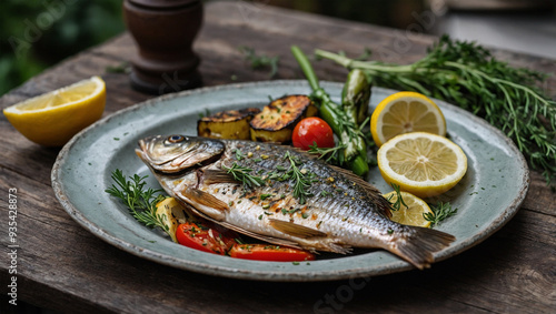 Whole grilled fish with lemon slices and herbs, served on a rustic plate with a side of grilled vegetables. photo