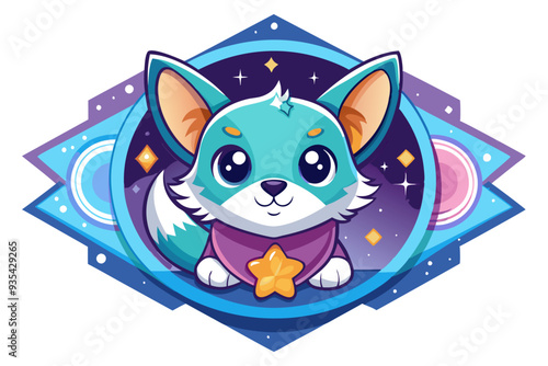 Cute Cartoon Blue Fox with a Star on a Purple Neck Scarf in Outer Space