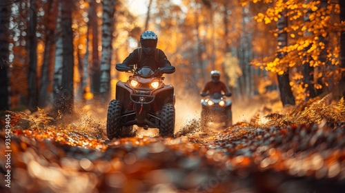Fototapeta Naklejka Na Ścianę i Meble -  Adventurous ATV ride through autumn forest trails with vibrant colors