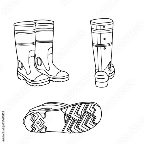 Template vector of waterproof rubber rain boot line art. Hand-drawn front, side, back, and bottom view. Suitable for your rain boots shoes design, Isolated on a white background