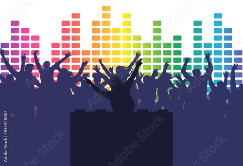 Dj playing music for party people cheering with colorful equalizer background. Vector illustration