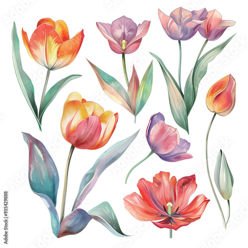 set of soft watercolor minimalist of Tulip,white background