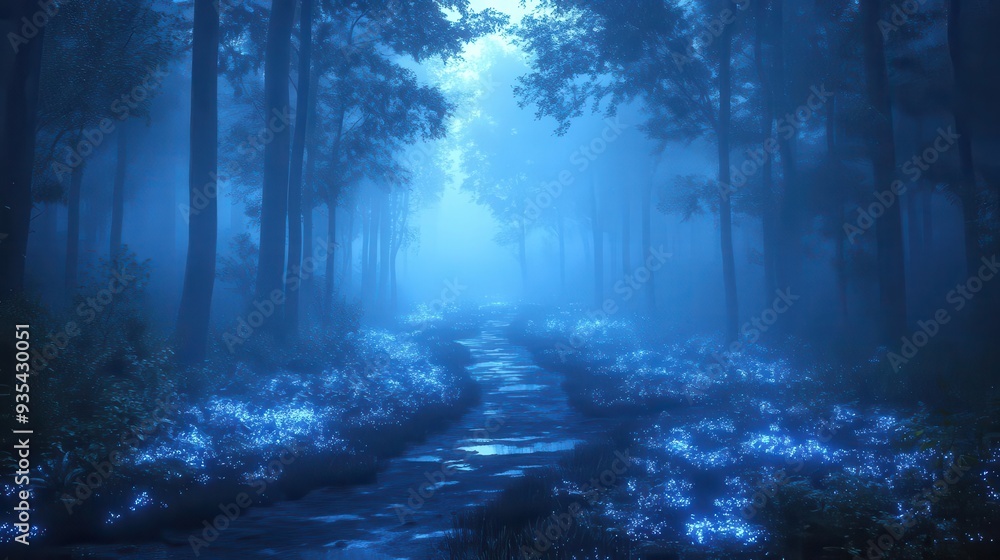 Fototapeta premium enchanted forest at twilight bioluminescent flora mystical creatures ethereal mist