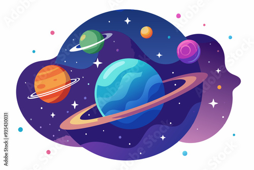 A vibrant illustration of a colorful solar system with multiple planets and rings