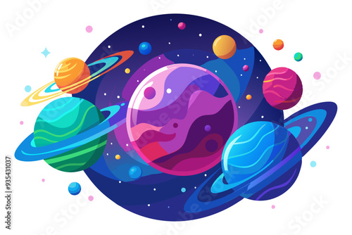 Colorful Planets and Rings in Outer Space