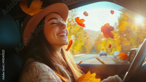 An excited female tourist was driving alone, enjoying the freedom of a road t...