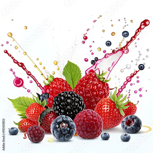 Different berries splashing with juice on white background, berries explosion