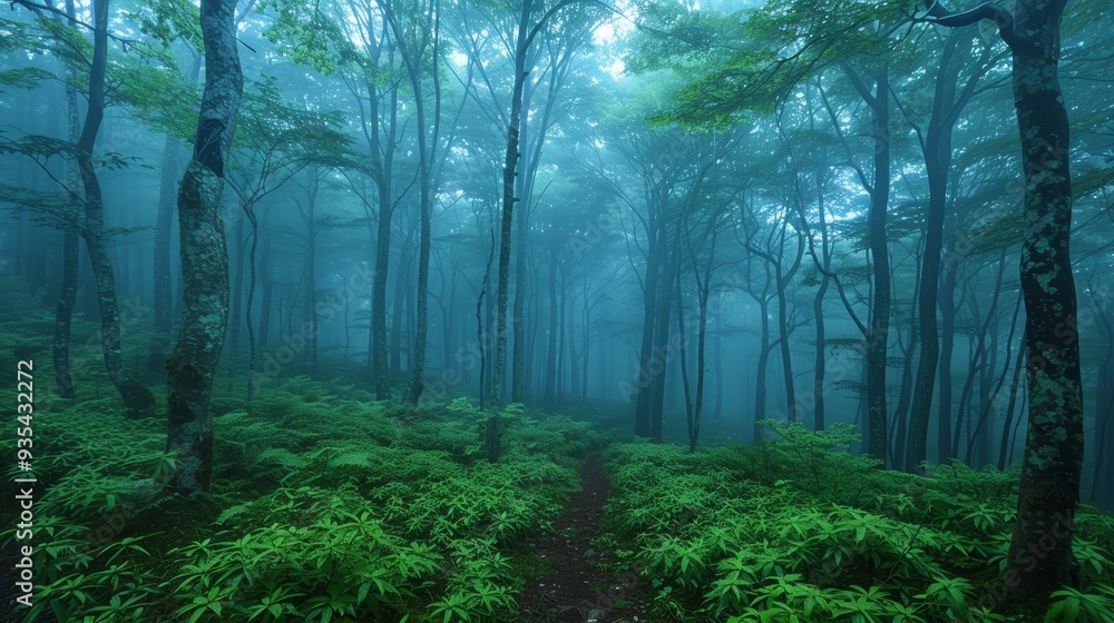 Obraz premium Mystical Aokigahara forest with lush greenery in early morning mist