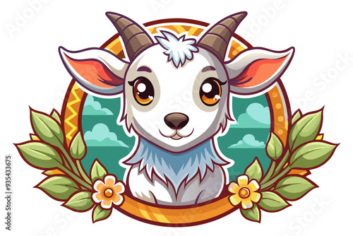 Adorable Cartoon Goat with Floral Wreath and Cloud Background
