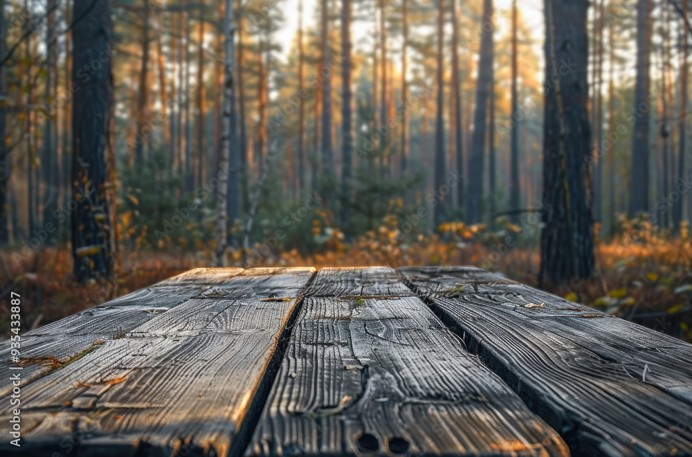 Wooden table on forest background. Generative AI. Wooden table on forest background. Generative AI.