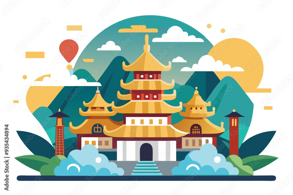 Obraz premium Golden Pagoda Temple with Mountain Landscape Illustration