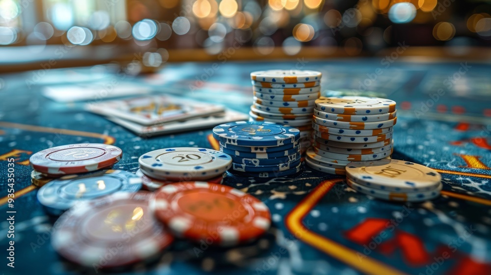 Close-up of poker chips and cards on a casino table Close-up of poker chips and cards on a casino table