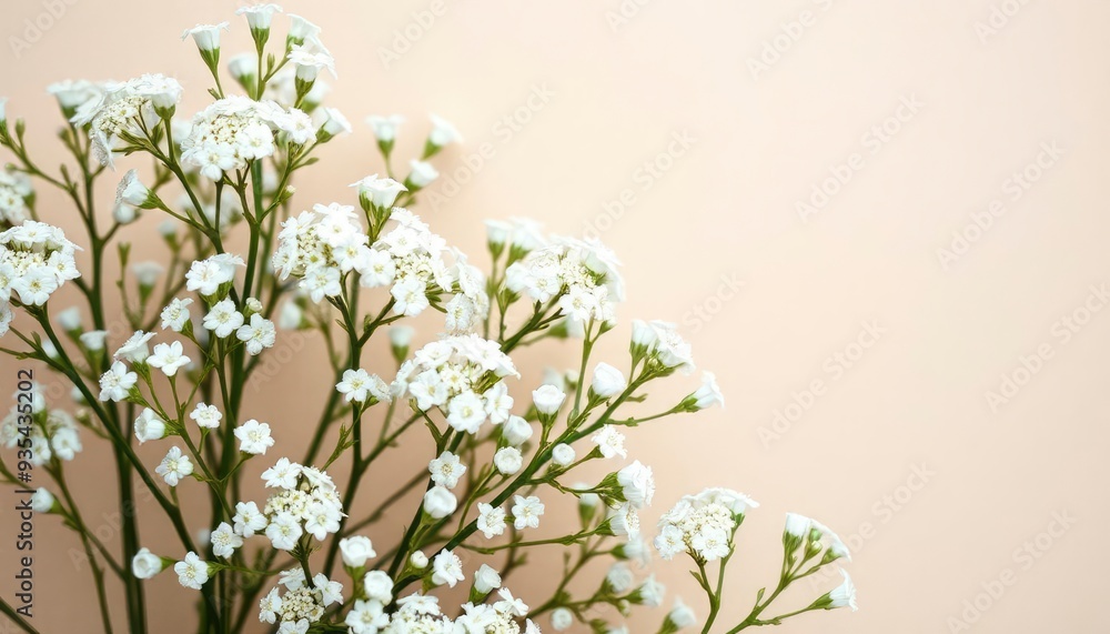 White gypsophila flowers or baby's breath flowers close up on beige background selective focus banner. Copy space. Flowers background, ai White gypsophila flowers or baby's breath flowers close up on beige background selective focus banner. Copy space. Flowers background, ai