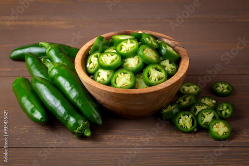 Obraz na płótnie Fresh green jalapeno peppers on wooden table w salonie