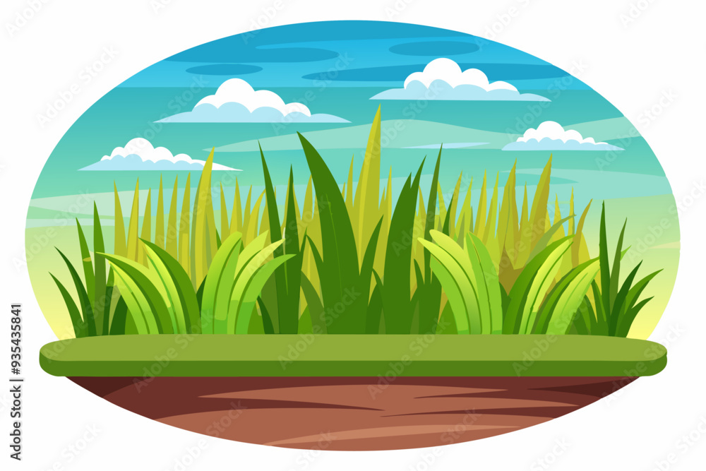 Obraz premium Lush Green Grass Patch with a Blue Sky and White Clouds Background