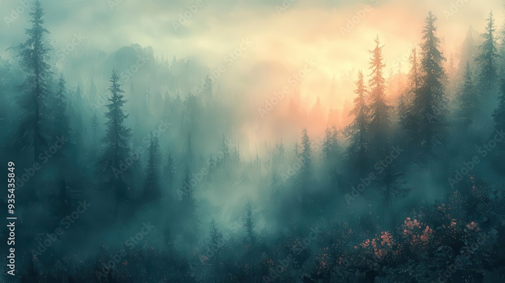 Naklejka premium ethereal forest landscape dreamy watercolor style blending reality and imagination soft pastel hues evoking tranquil and mystical atmosphere