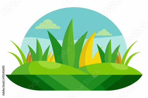 Cartoon Illustration of a Lush Green Field with Yellow Blades and a Blue Sky