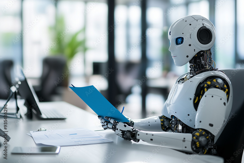 A humanoid robot works in an office on a laptop, showcasing the utility of automation in repetitive and tedious tasks. A humanoid robot works in an office on a laptop, showcasing the utility of automation in repetitive and tedious tasks.