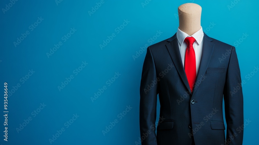 Blue Suit with Red Tie on Mannequin Against Blue Background Blue Suit with Red Tie on Mannequin Against Blue Background