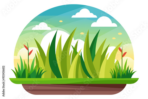 A Simple Illustration of Green Grass and Blue Sky with Clouds