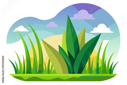 Lush Green Grass and Plants Under a Blue Sky with White Clouds