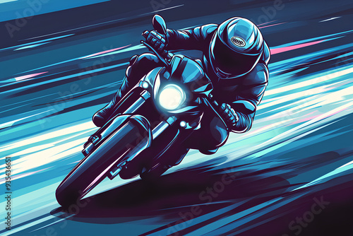 blue motorbike rider at high speed along the highway, blue motorbike at high speed along the highway blur movement speed, vector, 3d rendering photo