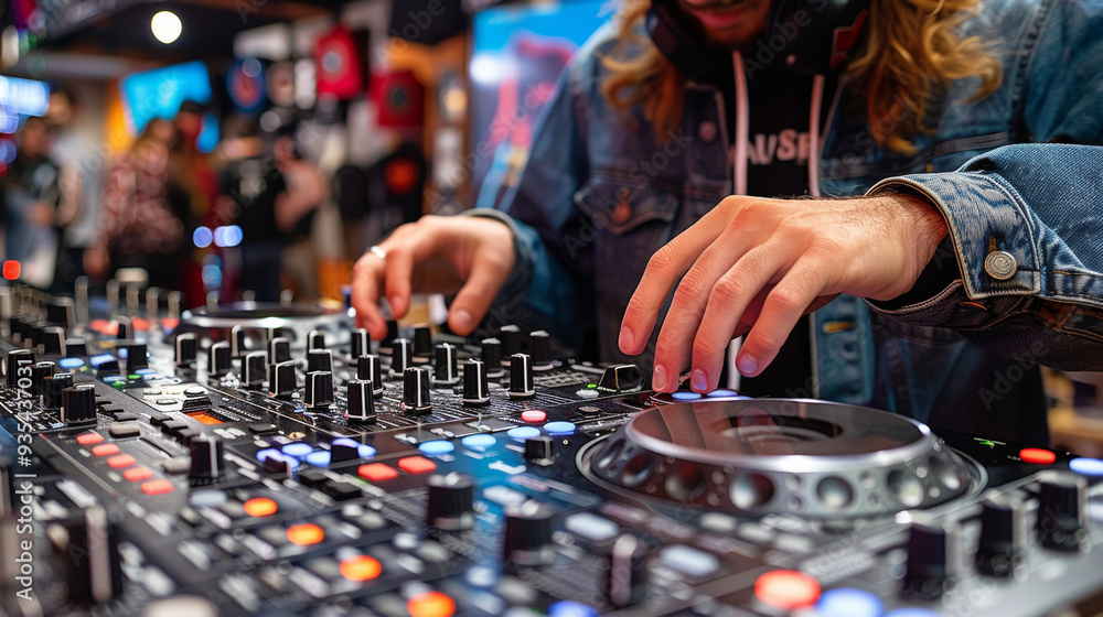 DJ mixing music at a lively event with a professional mixer DJ mixing music at a lively event with a professional mixer