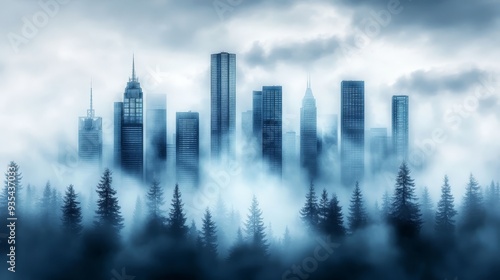 Cityscape with Skyscrapers Emerging from Foggy Forest