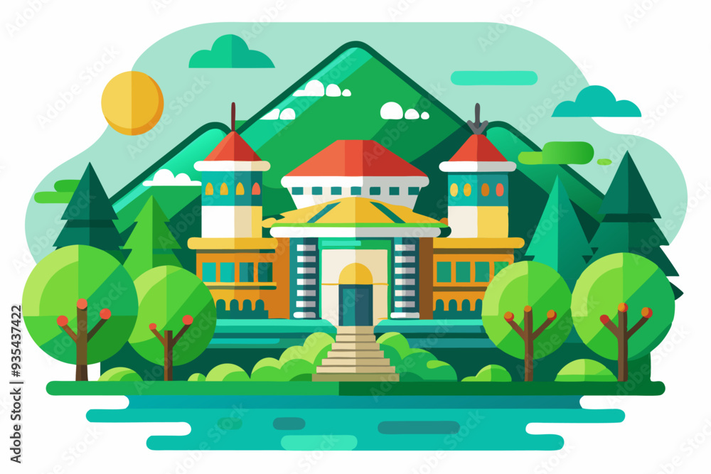 Fototapeta premium Colorful House with Green Trees and Mountains in Flat Design