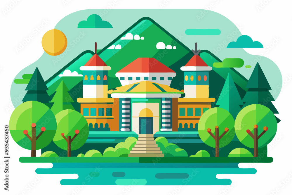 Fototapeta premium A colorful geometric illustration of a building in a mountainous, wooded landscape