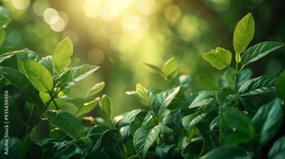Sunlit green leaves creating a serene natural background Sunlit green leaves creating a serene natural background