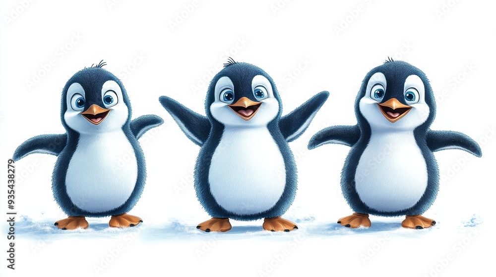 Fototapeta premium Three Cute Cartoon Penguins Smiling on White Background