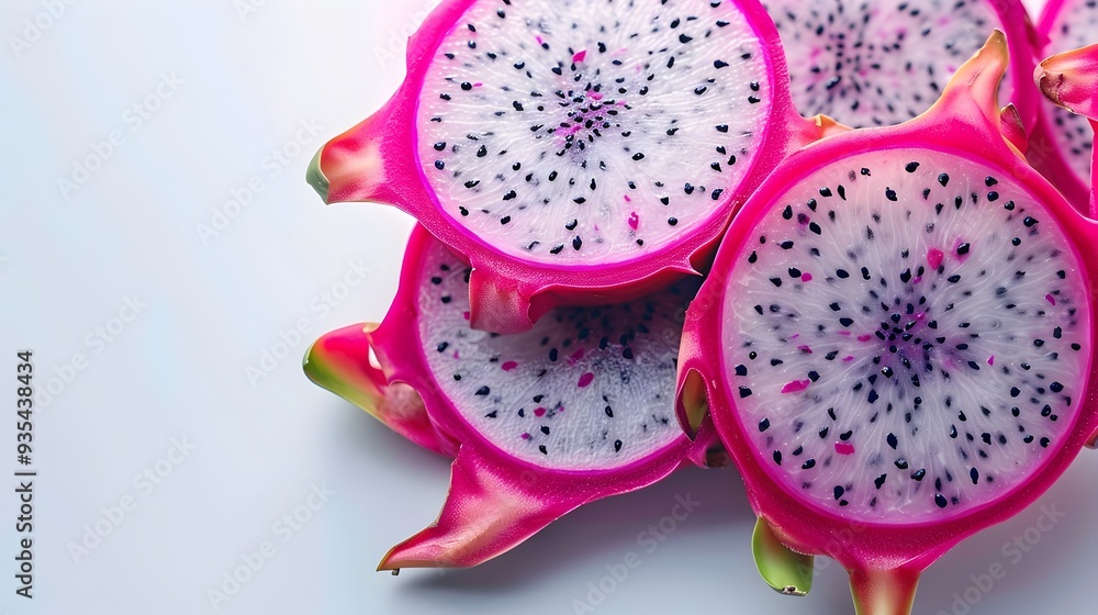 Close up of Vibrant Sliced Dragon Fruit on White Background with Detailed Exotic Texture Close up of Vibrant Sliced Dragon Fruit on White Background with Detailed Exotic Texture