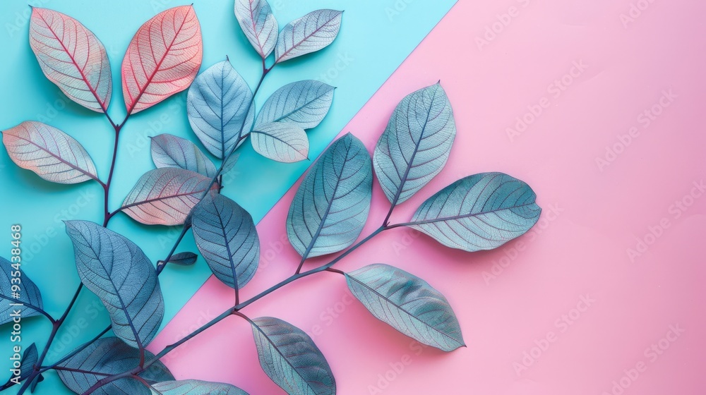 Fototapeta premium A group of colorful leaves on a pink and blue pastel background