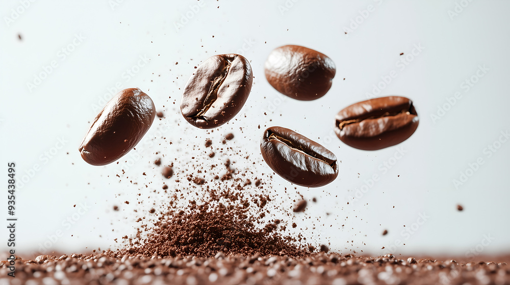 Roasted Coffee Beans in Mid-Air with Coffee Grounds Splashing. Roasted Coffee Beans in Mid-Air with Coffee Grounds Splashing.