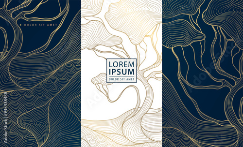 Vector set of asian wave tree landscape illustration, japanese vintage gold, blue and white labels with nature background, line tradition cards, brochures