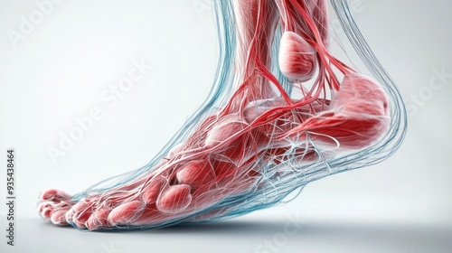 Detailed 3D Rendering of Human Achilles Tendon and Muscle Tissue An artistic rendering of a human foot with muscles and tendons highlighted in red