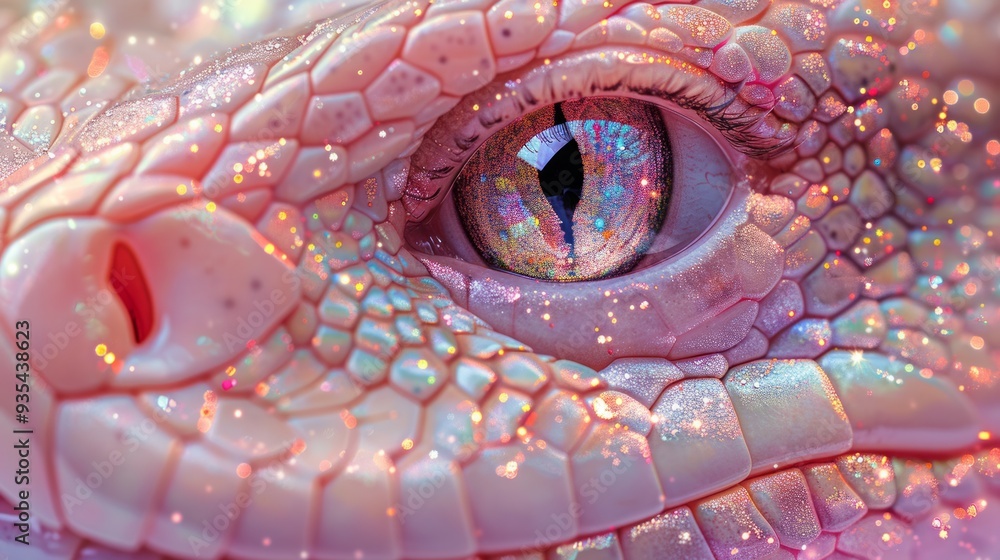 Fototapeta premium Shiny snake, surreal minimalism, ethereal dreamlike atmosphere, soft pastel colours accented with shimmering glitter.