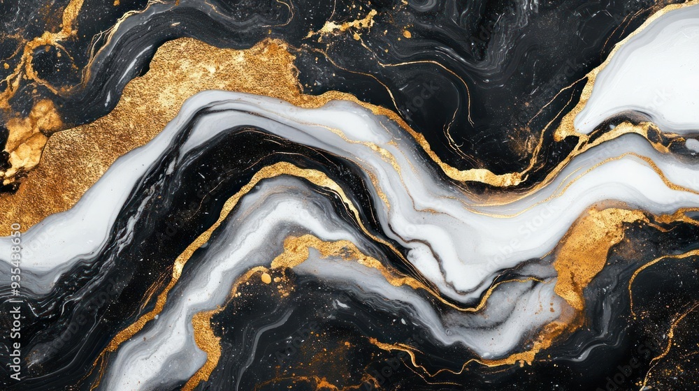Gold and white marbled pattern, with gold veins flowing through the black stone. Gold and white marbled pattern, with gold veins flowing through the black stone.